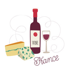 Flat vector illustration with traditional symbols of France. French cuisine. Set with food. Wine and cheese: emmental, roquefort, morbier, camember.