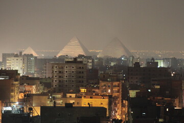 View of the city with the Great Pyramids in Egypt