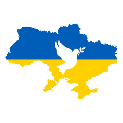 A map of Ukraine, colored in the colors of the Ukrainian flag and a dove of peace. Vector illustration.