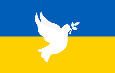 Dove of peace . Flying bird with olive branch. Ukraine flag. Vector illustration