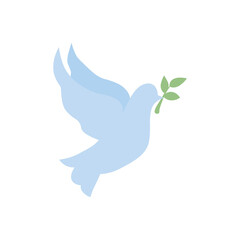 Bird peace symbol. Blue dove with green branch. Vector illustration.