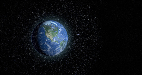 Space debris floating in the orbit of planet Earth. Old satellites, rockets of support, pieces of metal are a threat because they can collide with the new satellites. 3D illustration
