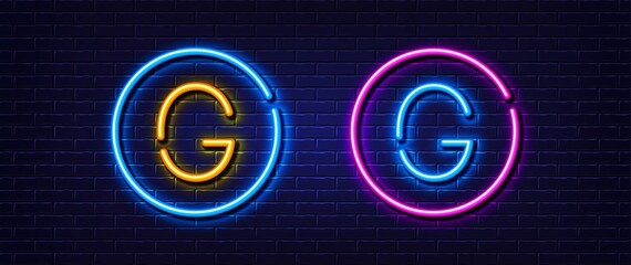 Initial letter G icon. Neon light line effect. Line typography character sign. Large first font letter. Glowing neon light element. Letter G glow 3d line. Brick wall banner. Vector