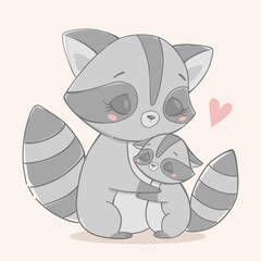 Vector illustration of mother's day. Raccoon hug.