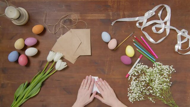 Top view of a table with items to create a composition for Easter. Easter. Church holiday-Easter