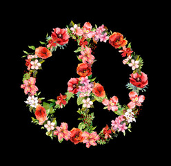 Peace sign with flowers. Beautiful floral watercolor illustration with antiwar, not war symbol