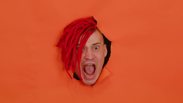 Excited man with dreadlocks looking at camera. Amazed young male with dyed hair looking at camera with opened mouth whilein the hole on orange background in studio