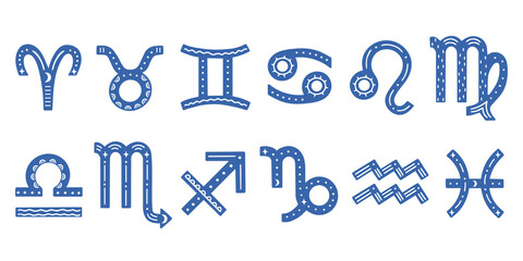 Vector set of hand drawn ornate zodiac signs