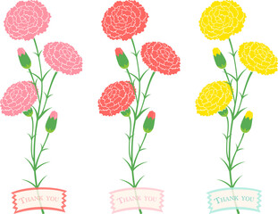 カーネーションの花と、Thank youラベルのイラストセット