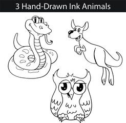 Black and White Vector Animal Set with Snake Owl and Kangaroo Hand-drawn with Ink