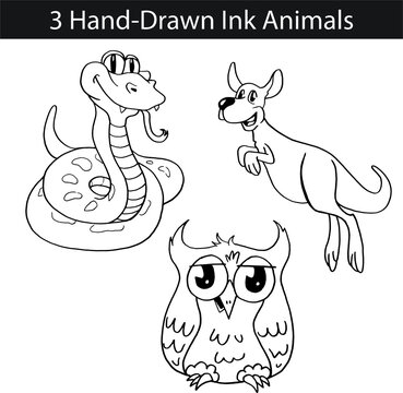 Black and White Vector Animal Set with Snake Owl and Kangaroo Hand-drawn with Ink