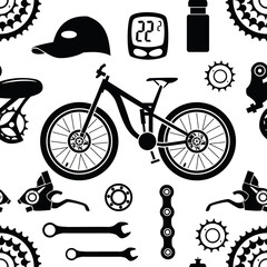 Bicycles. Seamless pattern with bicycle spare parts for print, web design. Isolated objects. Vector image. 