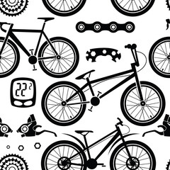 Obraz premium Bicycles. Seamless pattern with bicycle spare parts for print, web design. Isolated objects. Vector image. 