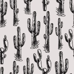 Monochrome cactus vintage seamless pattern