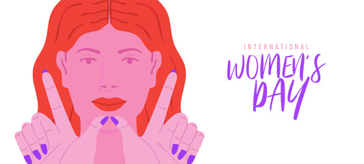 International Women's Day greeting card illustration of beautiful pink woman doing w letter sign with hands. Modern female rights design for march 8 event.