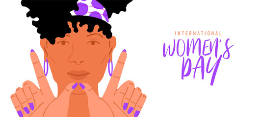 International Women's Day greeting card illustration of beautiful young african american woman doing w letter sign with hands. Modern female rights design for march 8 event.