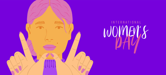 International Women's Day greeting card illustration of beautiful young woman doing w letter sign with hands. Modern female rights design for march 8 event.