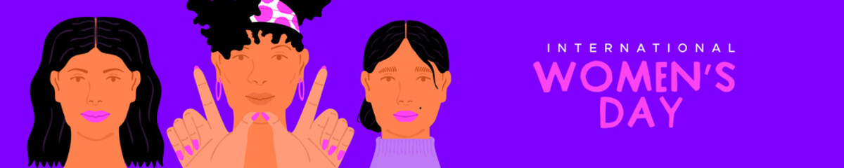 International Women's Day web banner illustration of beautiful woman friend group together. Modern female rights design for march 8 event.