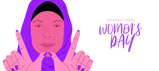 International Women's Day greeting card illustration of beautiful young muslim woman doing w letter sign with hands. Modern female rights design for march 8 event.