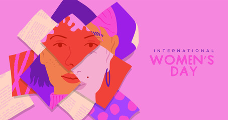 International Women's Day greeting card illustration of diverse young woman photo collage in flat cartoon style. Female rights or girl identity concept for march 8 event.