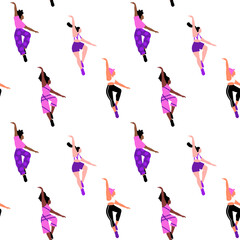 Diverse pink women crowd jumping. Flat seamless pattern illustration. Female dancing group or woman gender concept cartoon background.
