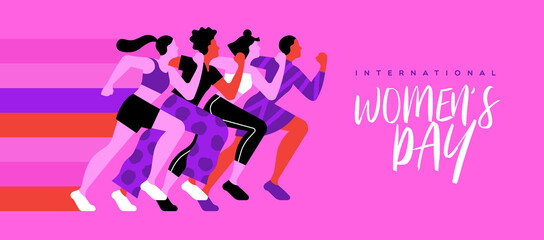 International Women's Day greeting card illustration of pink women team running. Female race group or woman charity marathon concept for march 8 event.
