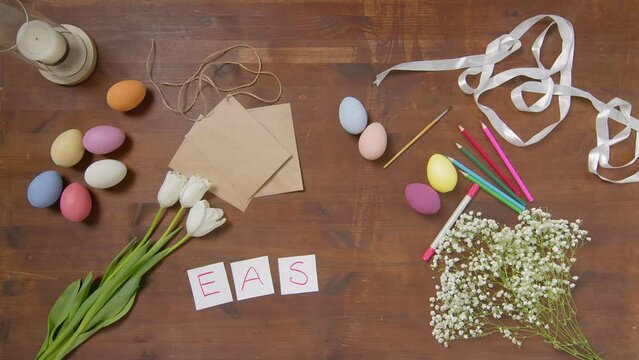 Top view of a table with items to create a composition for Easter. Easter. Church holiday-Easter