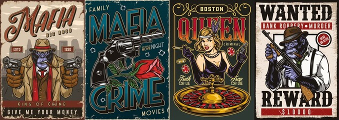 Collection of colorful mafia and casino posters - obrazy, fototapety, plakaty