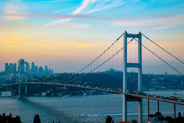 Istanbul view. Bosphorus Bridge at sunset from Nakkastepe.
