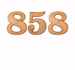 Number 858 in wood, isolated on white background