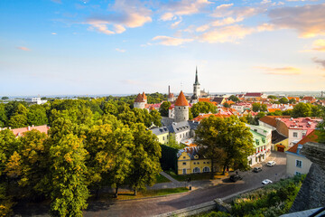 View from Toompea Hill overlooking the medieval walled city of Tallinn Estonia, one of the Baltic nations along the Baltic sea of Northern Europe.