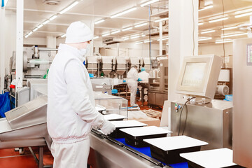 Production line packaging and cutting of meat.Food products meat chicken in plastic packaging on...