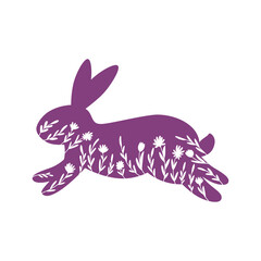 Happy Easter vector illustrations of bunnies, rabbits icons, decorated with flowers, floral, wildflowers.