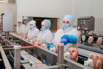 Meat processing plant.Industrial equipment at a meat factory.Modern poultry processing plant.People working at a chicken factory - stock photo.Automated production line in modern food factory.