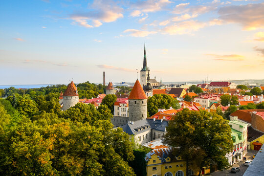 View from Toompea Hill overlooking the medieval walled city of Tallinn Estonia, one of the Baltic nations along the Baltic sea of Northern Europe.