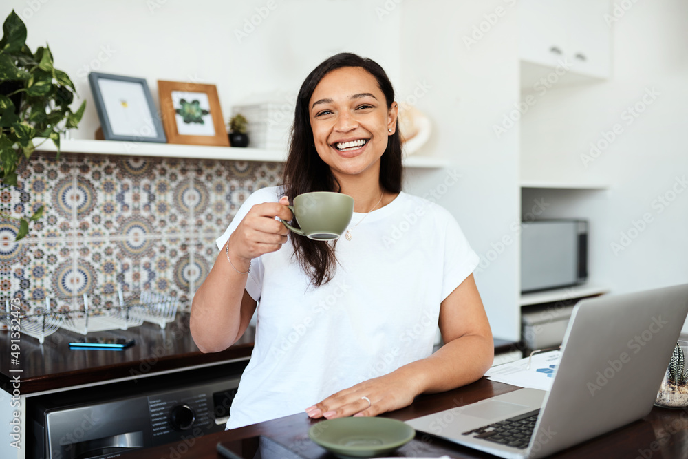 Poster I cant get started without coffee. Portrait of a young woman drinking coffee while working on a laptop at home.