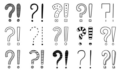 Hand drawn set of question and exclamation marks doodle. Different punctuation sigs in sketch style.  Vector illustration isolated on white background.