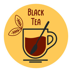 Black tea cup icon with teaspoon, hot drink. Simple linear vector illustration in the form of a logo or emblem for a teahouse, restaurant or cafe menu.