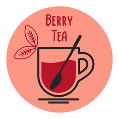 Berry tea cup icon with teaspoon, hot drink. Simple linear vector illustration in the form of a logo or emblem for a teahouse, restaurant or cafe menu.