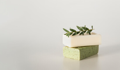 Natural handmade soap or dry shampoo organic spa bars on light white background. Homemade beauty...
