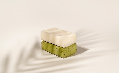 Natural handmade soap or dry shampoo organic spa bars on light white background with shadow....