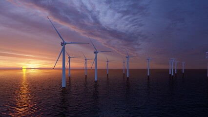 Windmill park. Offshore wind turbines farm on the ocean. Sustainable energy production. Green...