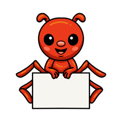 Cute little red ant cartoon with blank sign