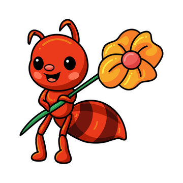 Cute little red ant cartoon holding a flower
