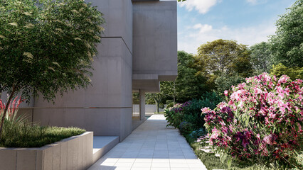 Contemporary concrete building and lush garden