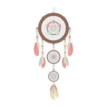 Vector design Detail: Dream catcher in pink, blue, yellow and brown colors