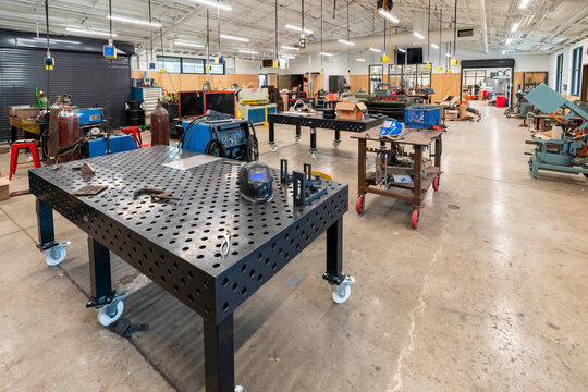 Welding Shop At School, Tables, Machinery