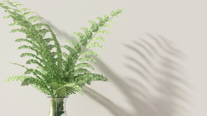 Realistic 3D render close up of fresh green fern leaves in a decor glass vase with sunlight and beautiful leaves shadow on blank wall, Beauty, Nature, Eco, Concept, Background, Mock up, Mockup, Space. © myboys.me