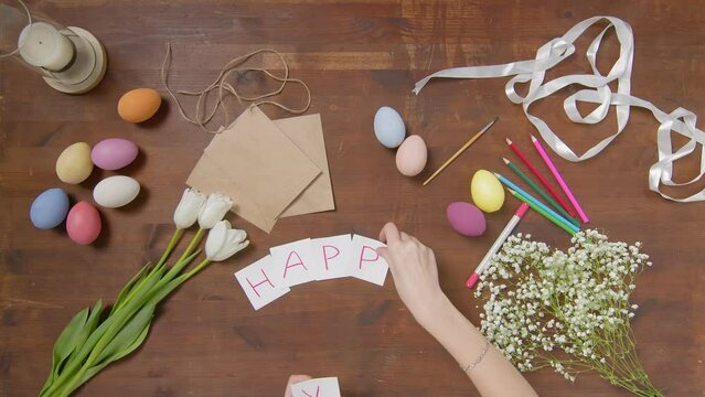 Top view of a table with items to create a composition for Easter. Happy Easter. Church holiday-Easter
