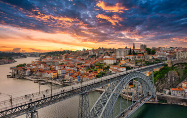 aerial view of the Ribeira district and the D Luis I bridge in the city of Oporto in Portugal.